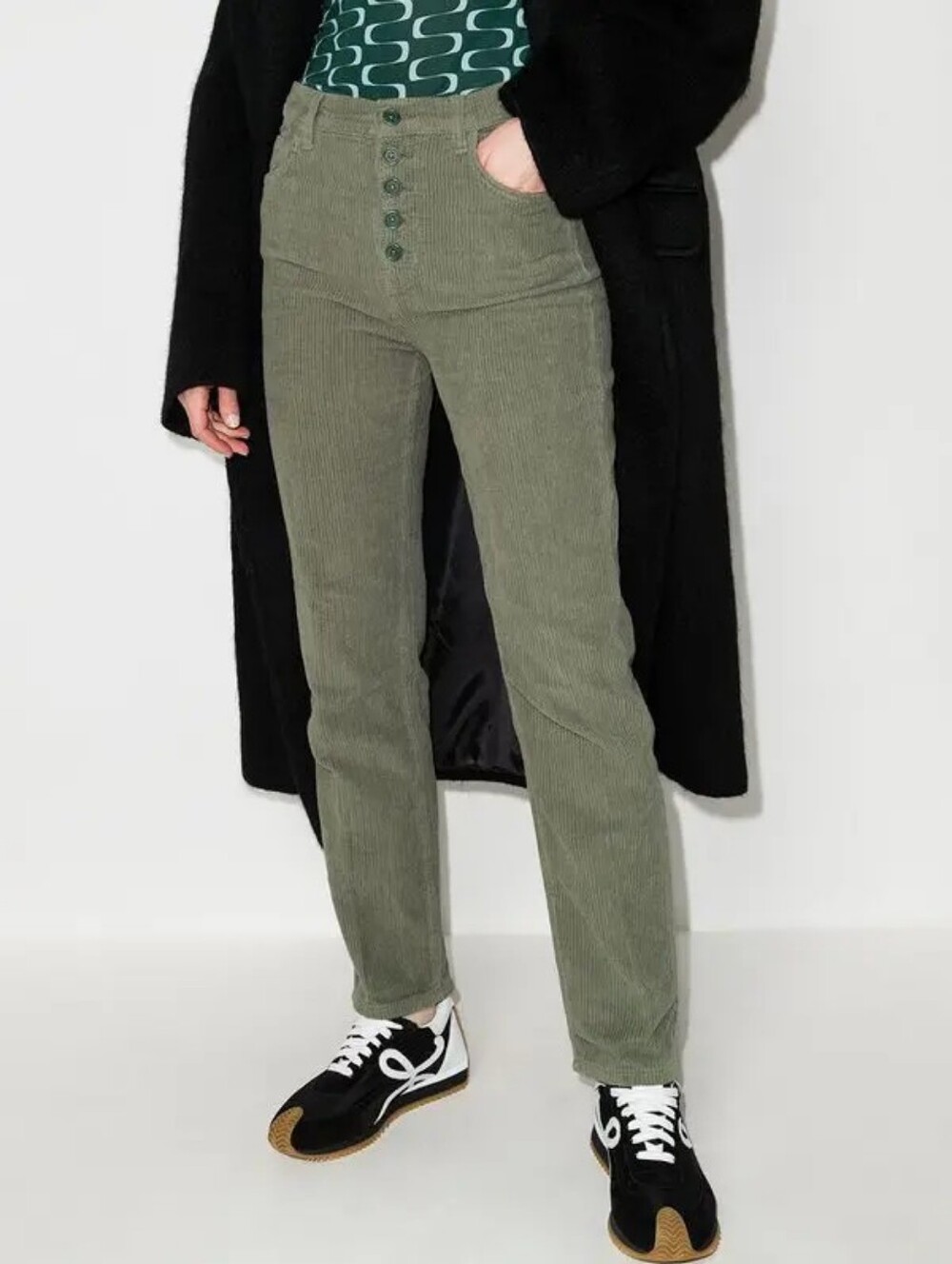 Reformation Moss Green Cynthia Corduroy Button-Fly Straight Leg Trousers Size 24